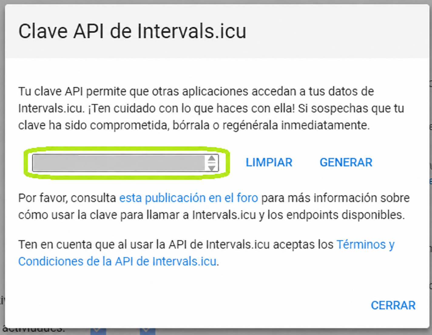 Ventana de Clave API de Intervals con el campo a copiar resaltado en verde y su contenido oculto