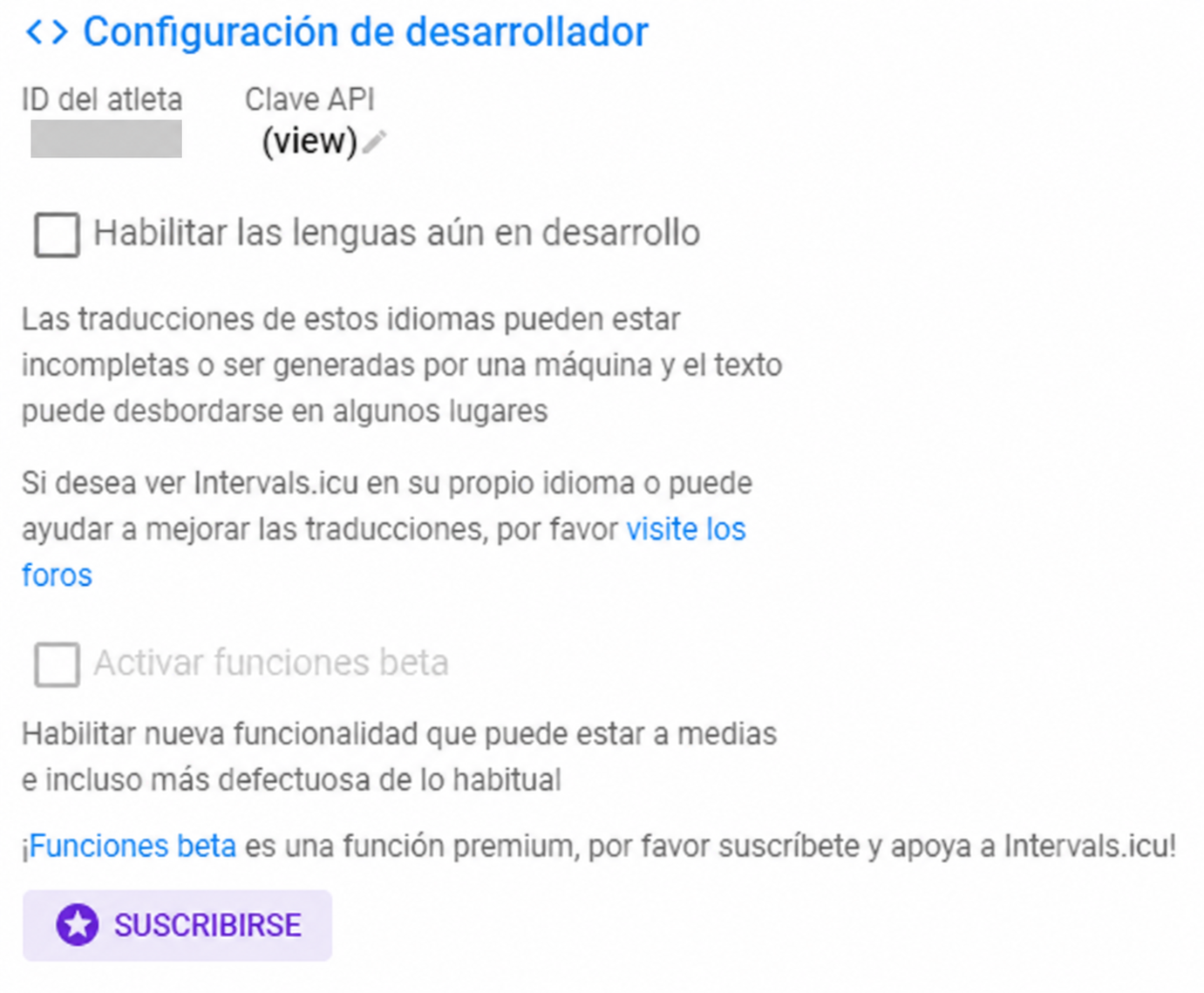 Configuración de desarrollador de Intervals: el control view junto a Clave API está señalado con un recuadro naranja; identificador del atleta oculto